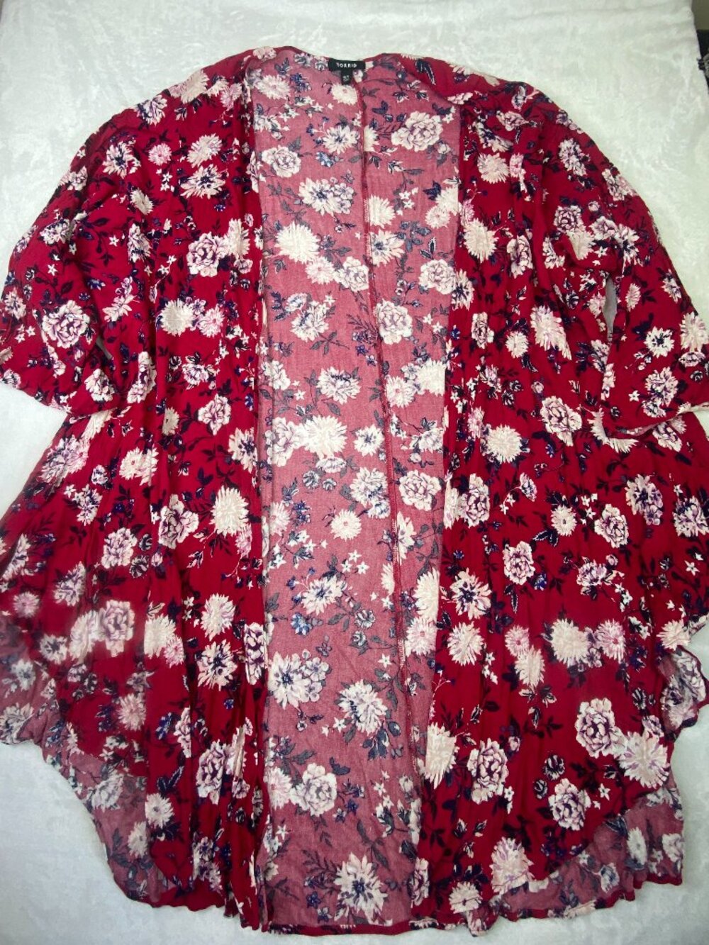 Torrid Floral Kimono Cardigan Top Open Front Red Plus Size 5/6 5X 6X Boho